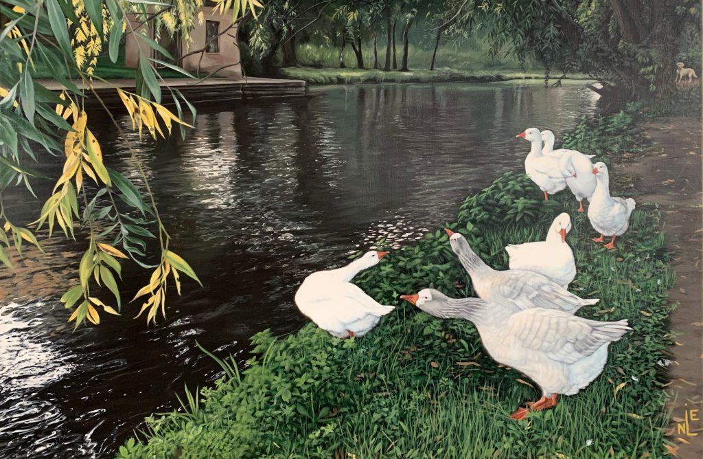 oies rivière Cambridge-acrylique sur toile-photoréalisme-léni whitford